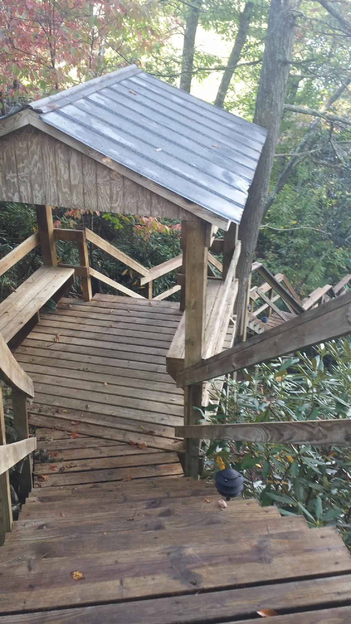 Metal roofed shelter over wooden steps on a wooded walkway — Skylight Repair & Installation work by our crew in Panorama City